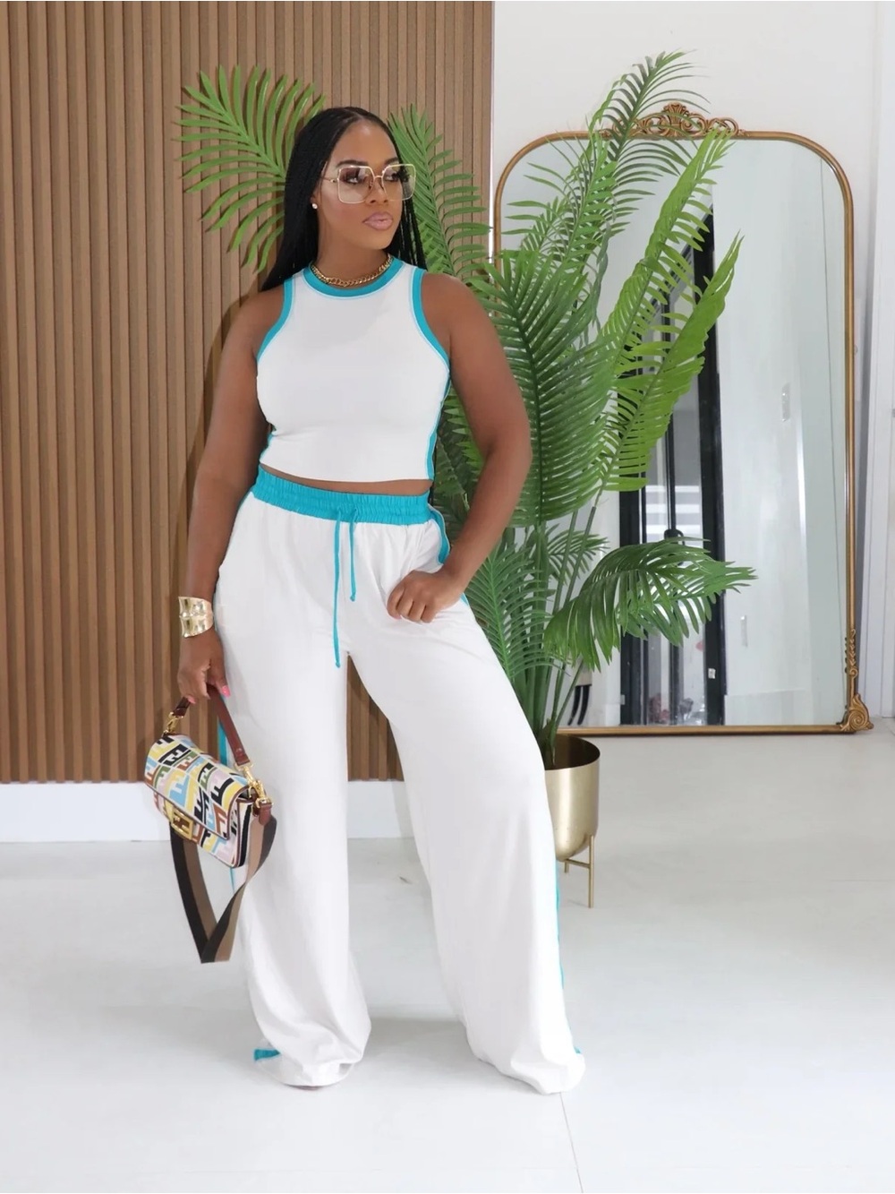 NWT White Wide-Leg Lounge Matching Set with Teal Trim | Chic Comfy 2 Piece Set